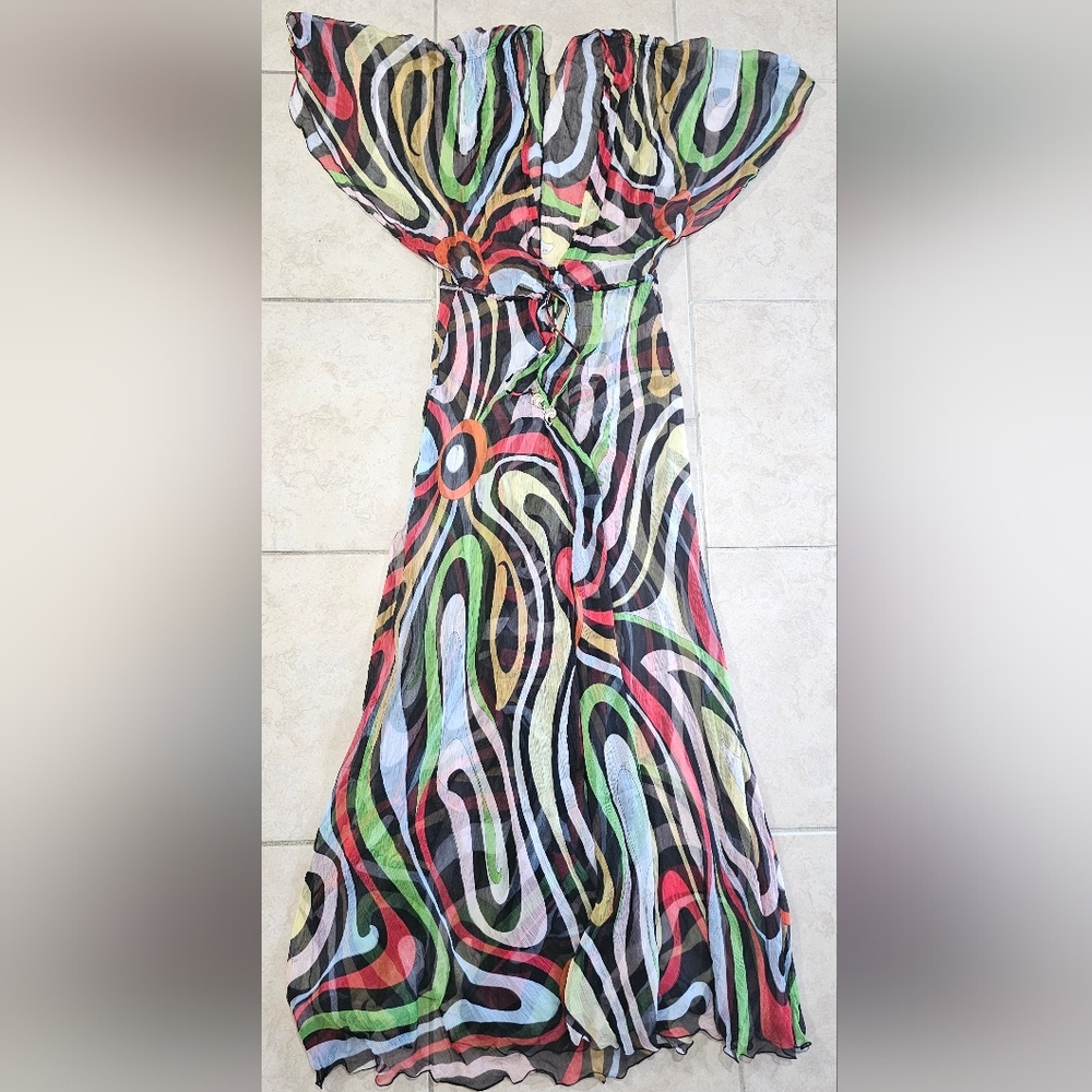 EMILIO PUCCI Marmo Multicolor Silk-Crepe Robe Beach Cover-up Dress Size M Italy